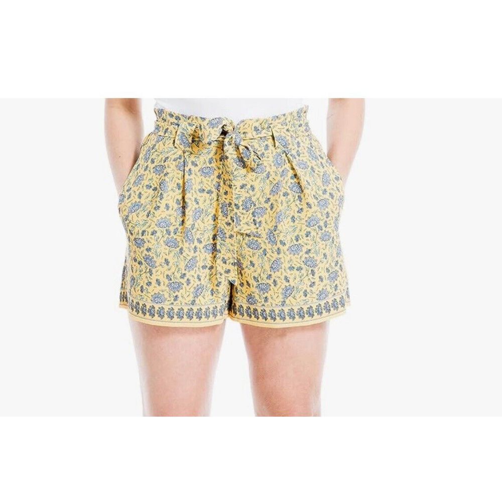 Max Studio Womens Pleated Belted Pull-on Yellow Graphic Daffodil Shorts Sz Large
